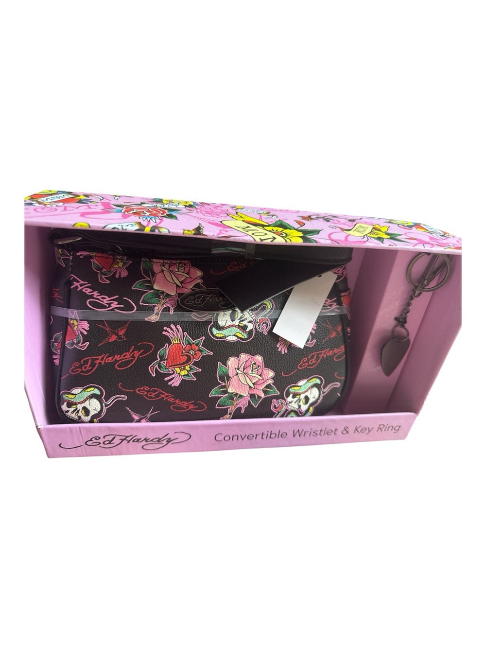 Ed Hardy Black convertible Wristlet & key ring with Pink Rose & Skull Print NWT